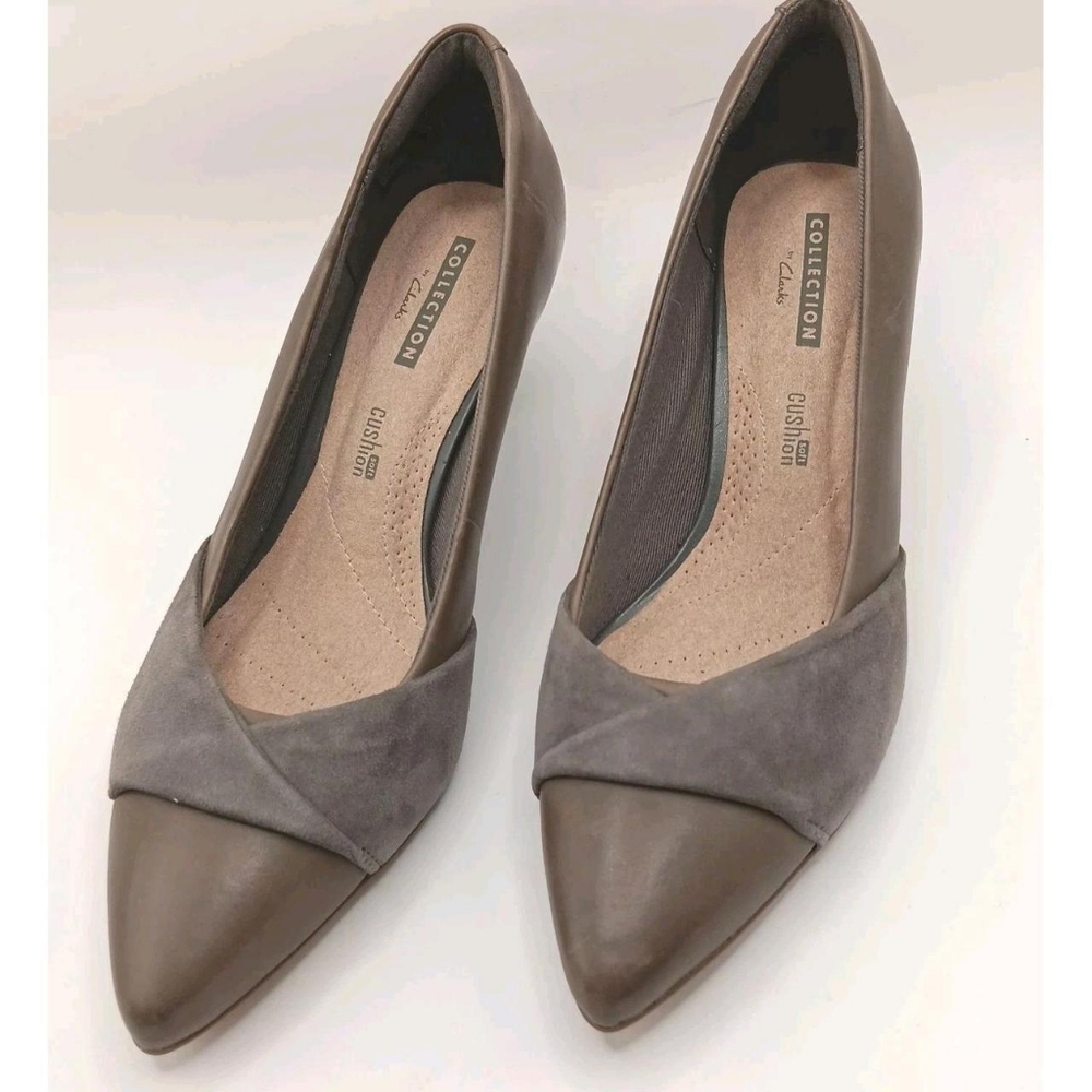 Clarks Collection Women's Gray and Brown Suede Pointed Toe Kitten Heels